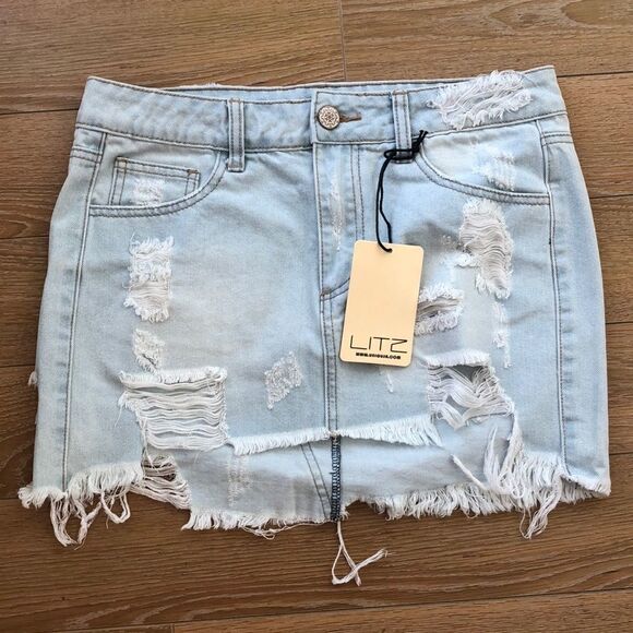 Litz Light Washed Distressed Denim Skirt - Picture 3 of 7